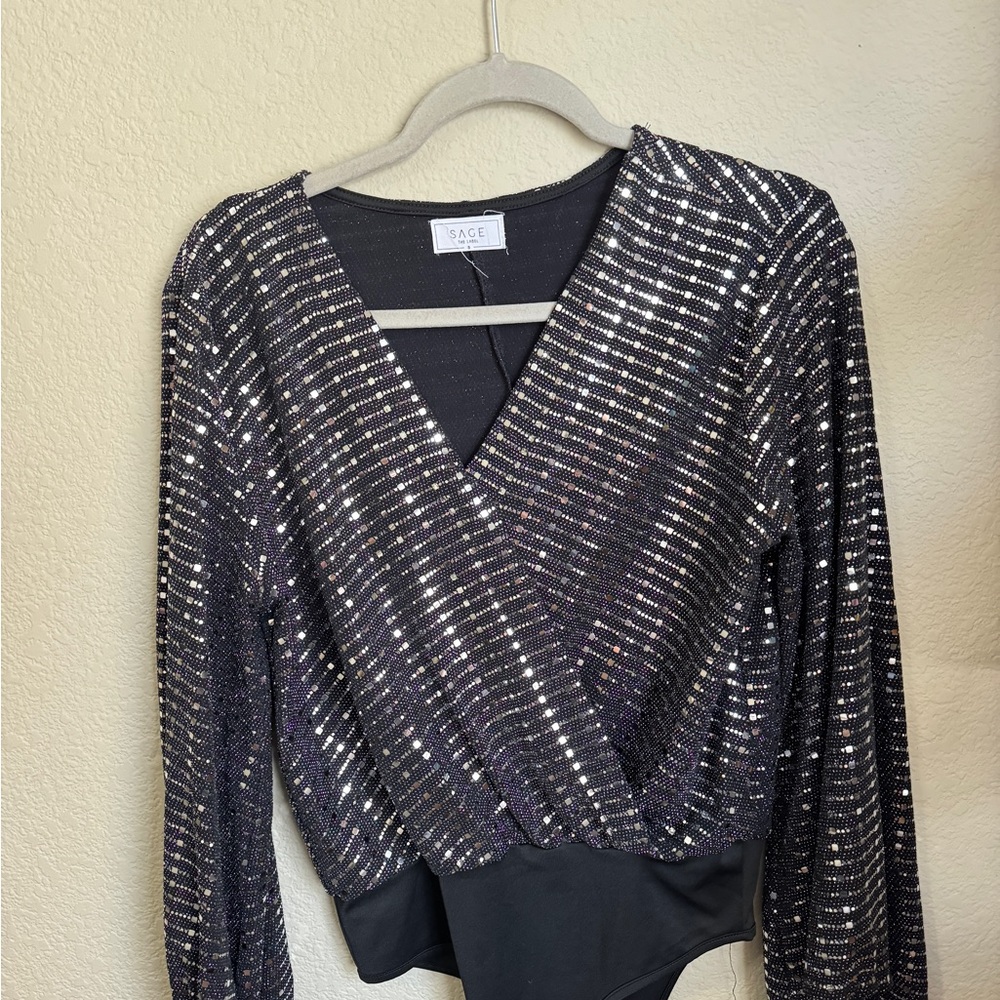 Sage Black Sequin Wrap Top